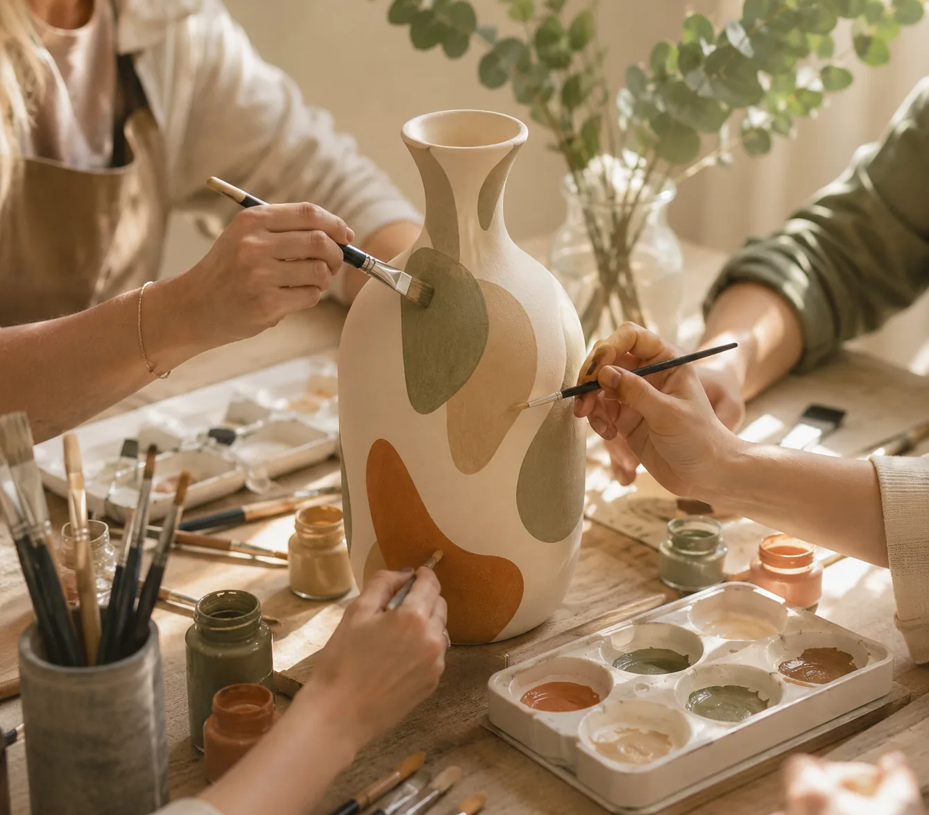 Participantes pintando juntos uma peça em cerâmica