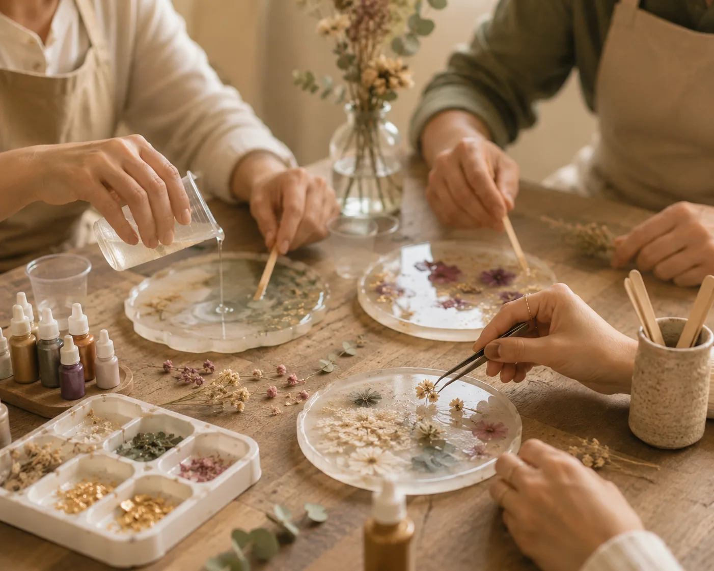 Participantes montando peças em resina com flores desidratadas