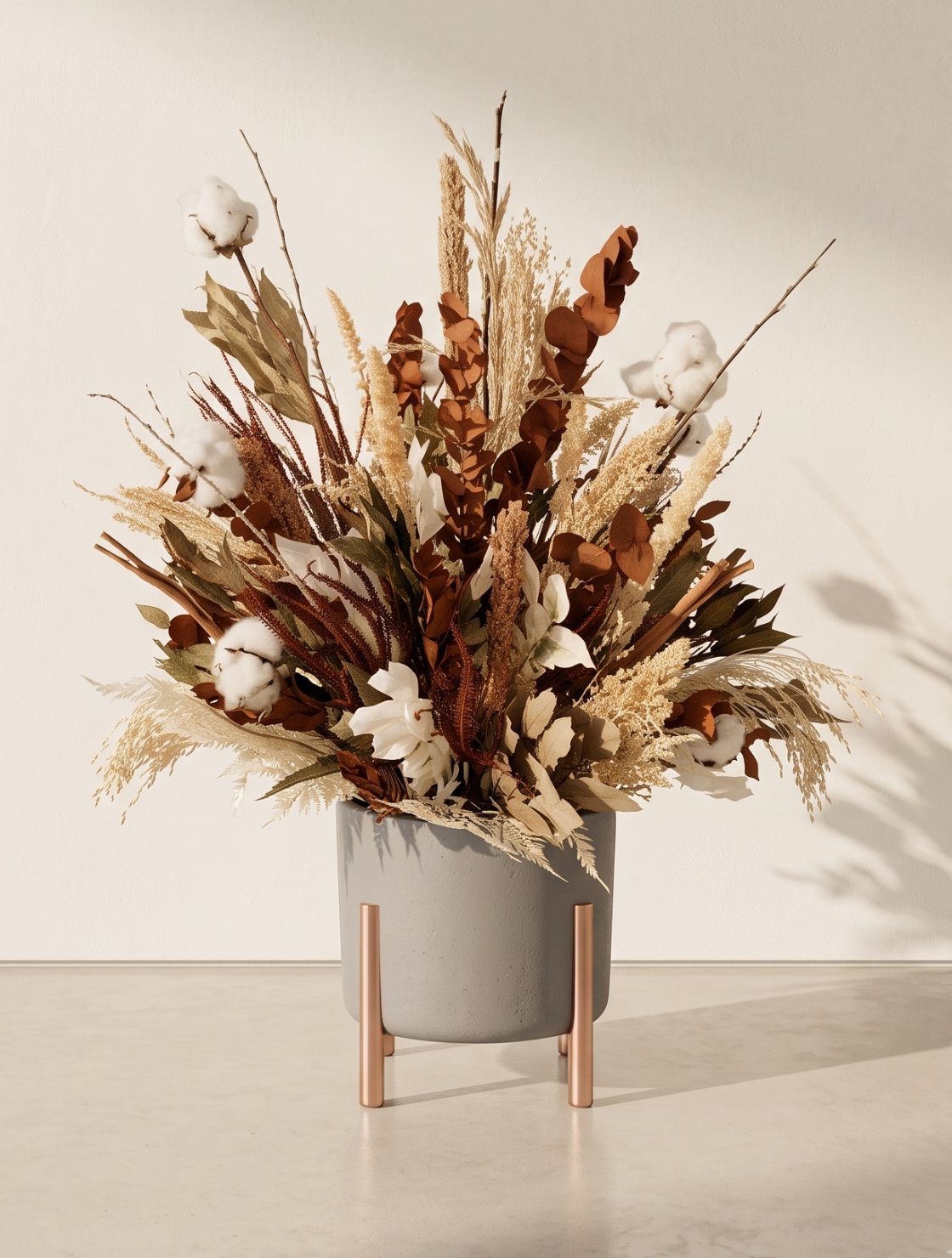 Arranjo de flores secas e desidratadas em vaso