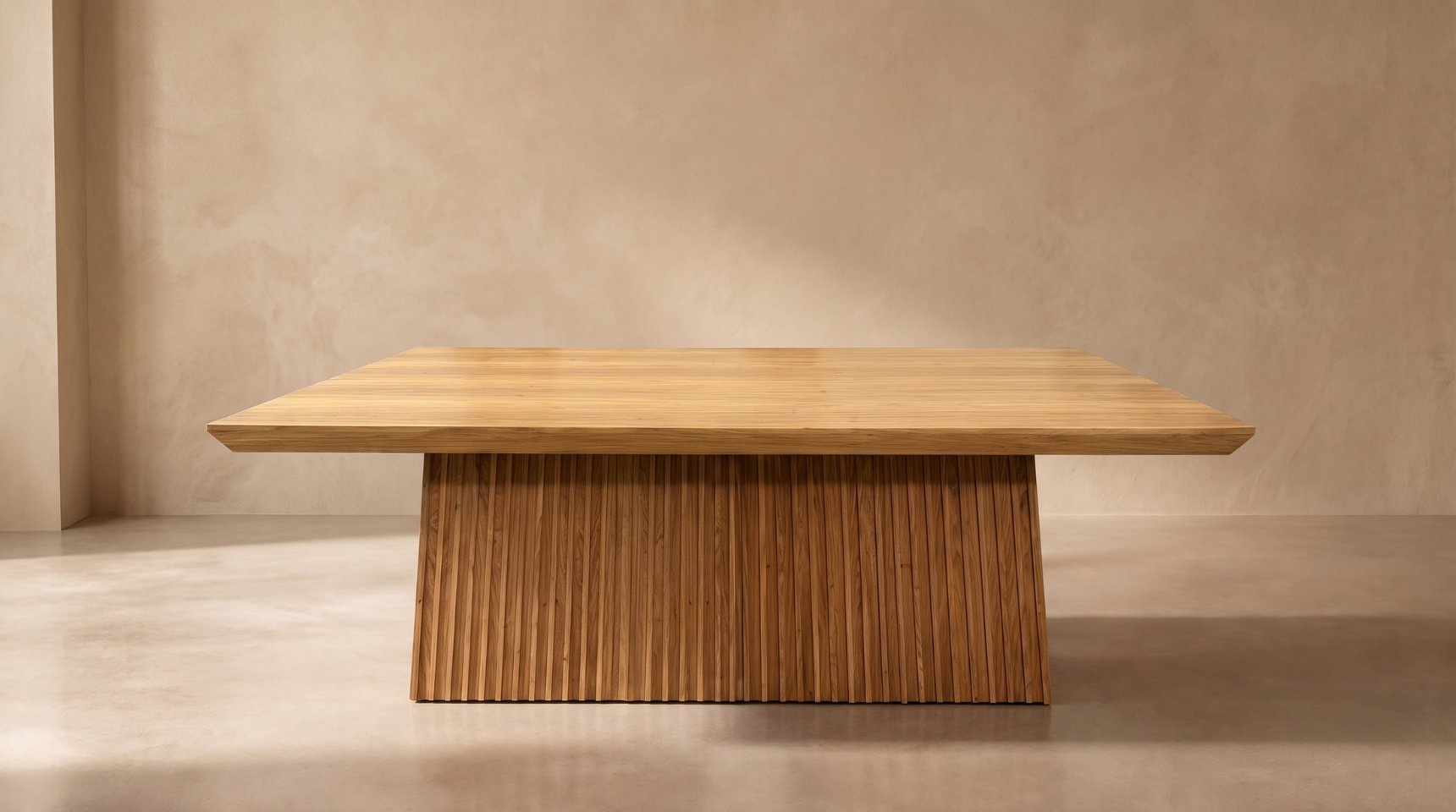 Mesa quadrada em madeira maciça com base ripada, em ambiente de tons neutros