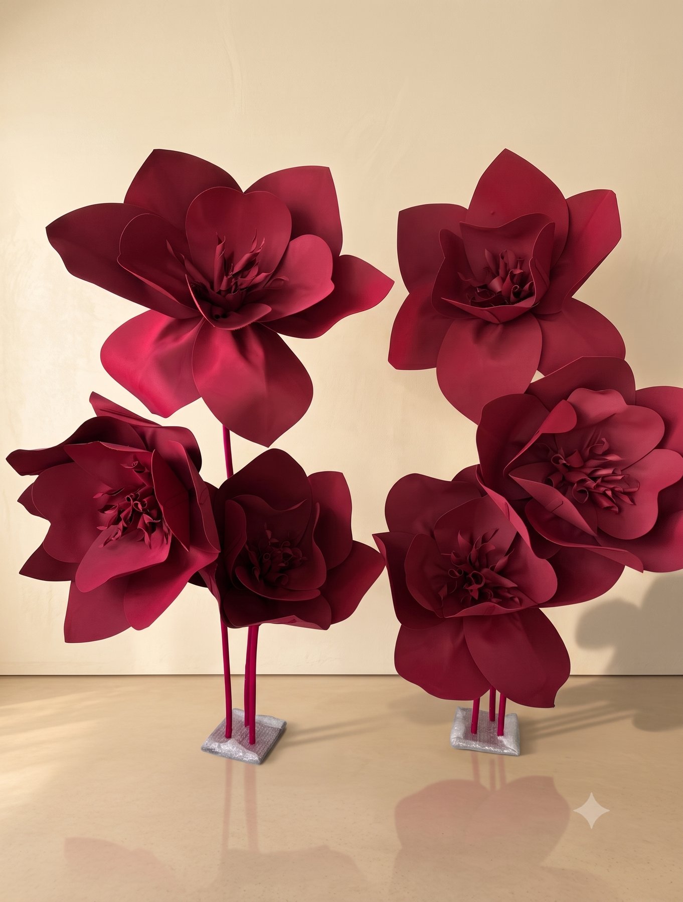 Grandes flores decorativas em tom vinho para ambientação de eventos