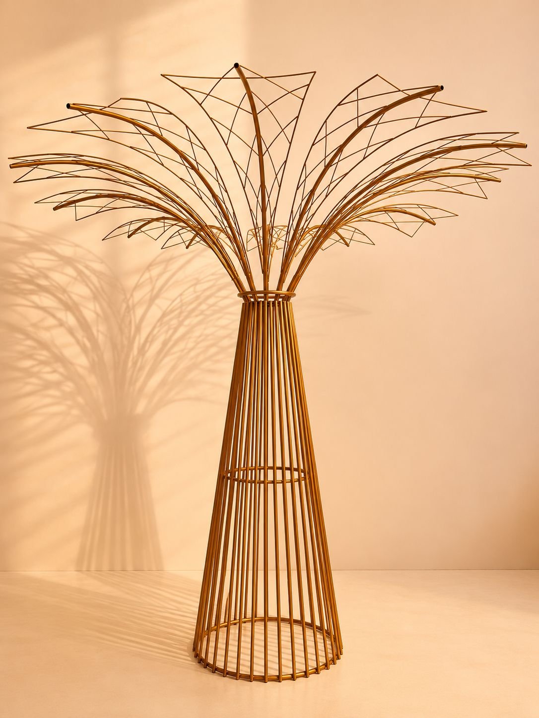 Escultura dourada em formato de palmeira para decoração de eventos