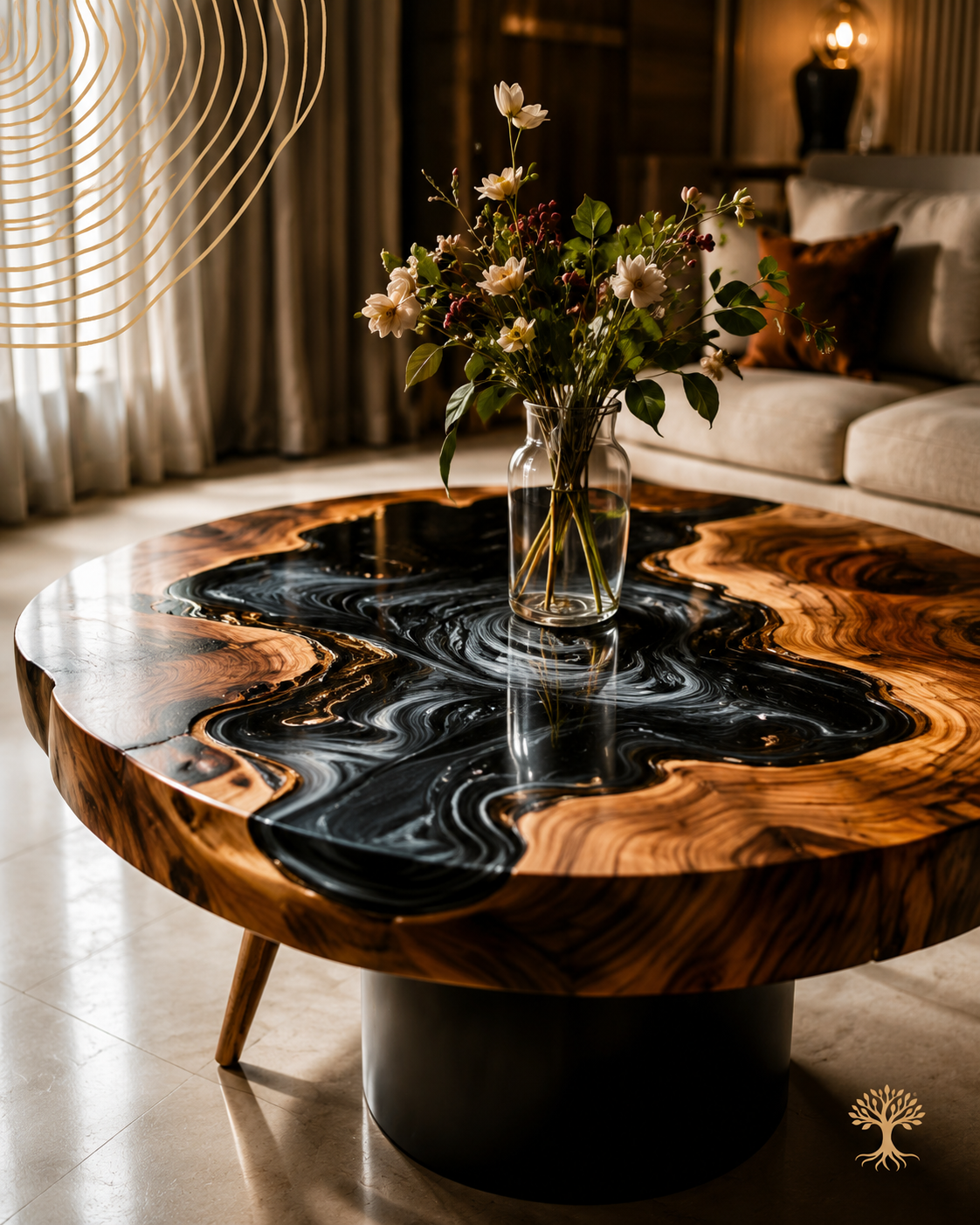 Mesa em madeira e resina com flores sobre o tampo